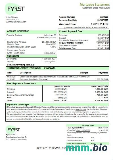 Niemcy Bank Fyrst wyciąg z kredytu hipotecznego szablon Word i PDF
